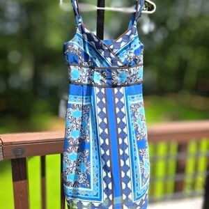 Ann Taylor New Silk Blue, White Spaghetti Strap Sundress, Geometric, Lightweight